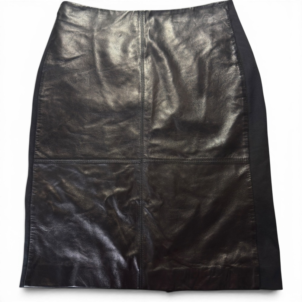 Talbots Lambskin Leather Pencil Skirt Black Womens 6 Mixed Media Stretch Career - Picture 2 of 8